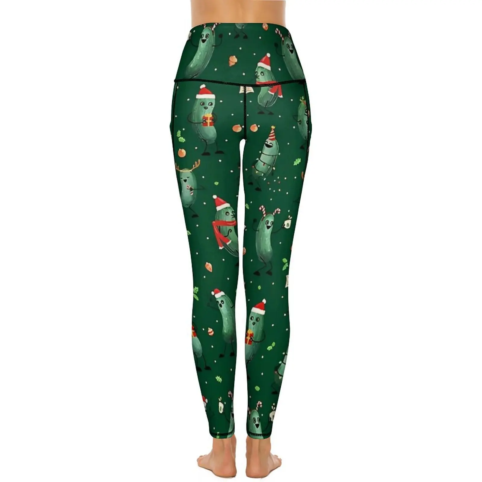 Leggings de color verde oscuro con patrón de pepinillos navideños, pantalones de Yoga para gimnasio, mallas de moda de cintura alta, mallas deportivas de diseño de secado rápido