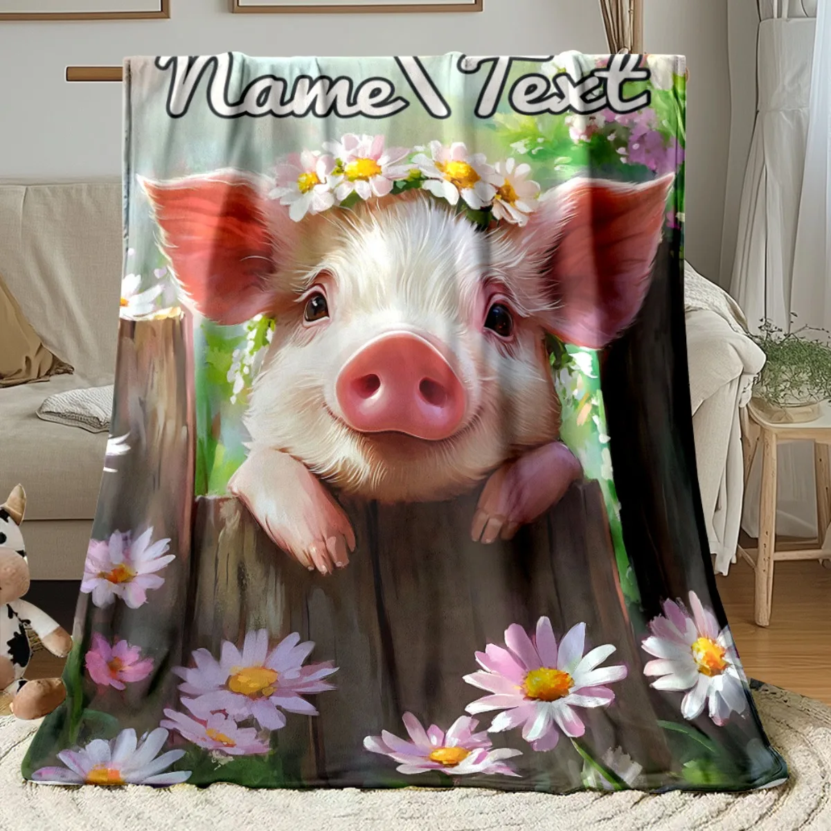 Personalized blanket, pig wearing flower crown, preferred for home decoration. This lightweight bedding is perfect for sofa beds