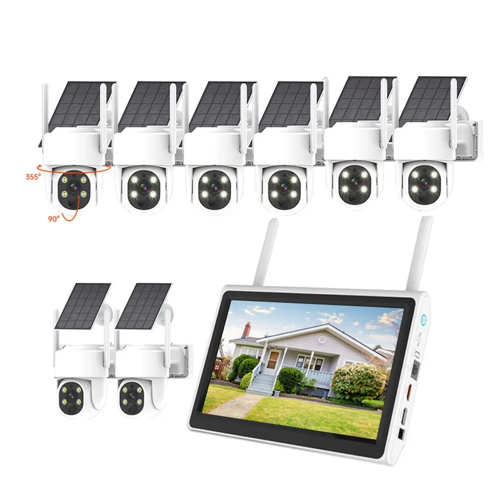 

4MP 8 Channels Surveillance Systems Two Ways Talk Home Solar Security CCTV WIFI Camera System with 10 Inch