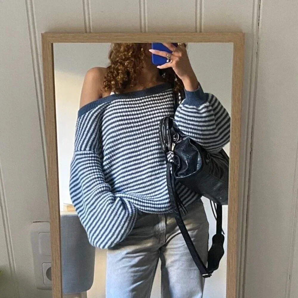 Suninbox Autumn and Winter Striped Sweater Pullovers Women 2024 New Arrivals Off The Shoulder Oversized Sweater Knit Jumper