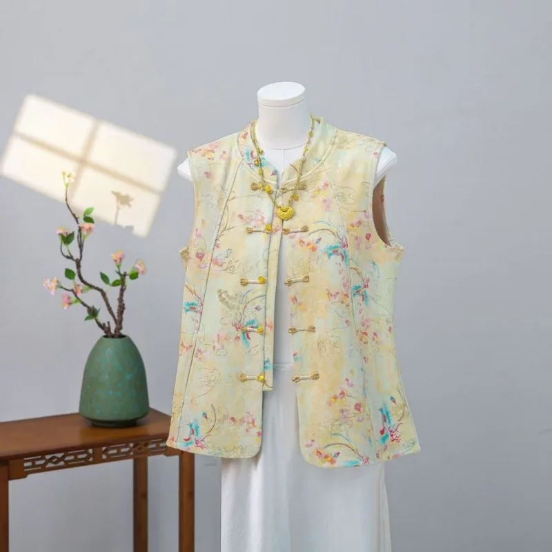 Buckle Fashion Vest Jacquard Spring New Chinese Retro Waistcoat Sleeveless Vest Women Coat Mujer Single-button Cardigan Tops