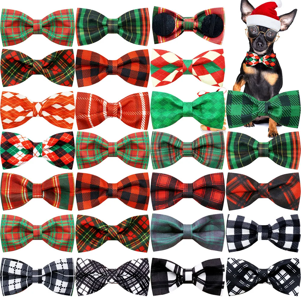 20/40PCS Christmas Dog Collars With Elastic Bands Pet Supplies For Dogs Classical Plaid Dog Bowties Pet Grooming Accessories