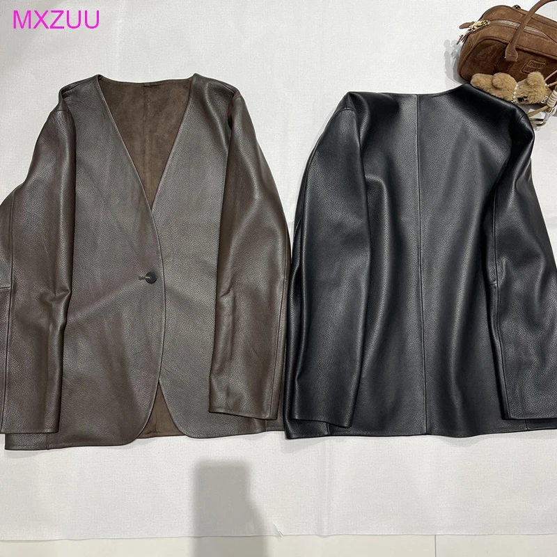 Veste en cuir pour femmes, mode printemps-automne, café, Grain Litchi, peau de chèvre, un bouton, col en v, veste de costume, technologie Composite