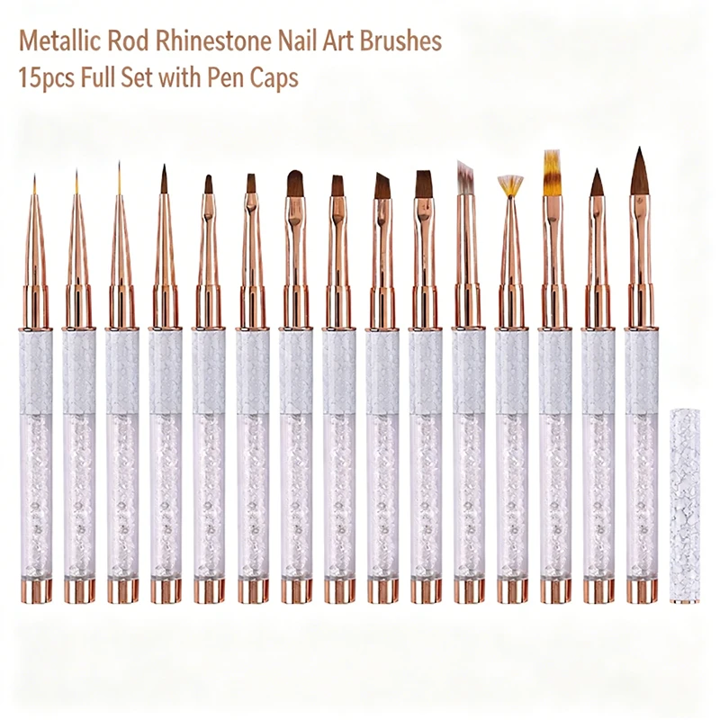 

15Pcs White Rhinestone Metal UV Gel Nail Art Brush Set With Caps For French Builder Liner Flower Gradient DIY & Salon Manicure