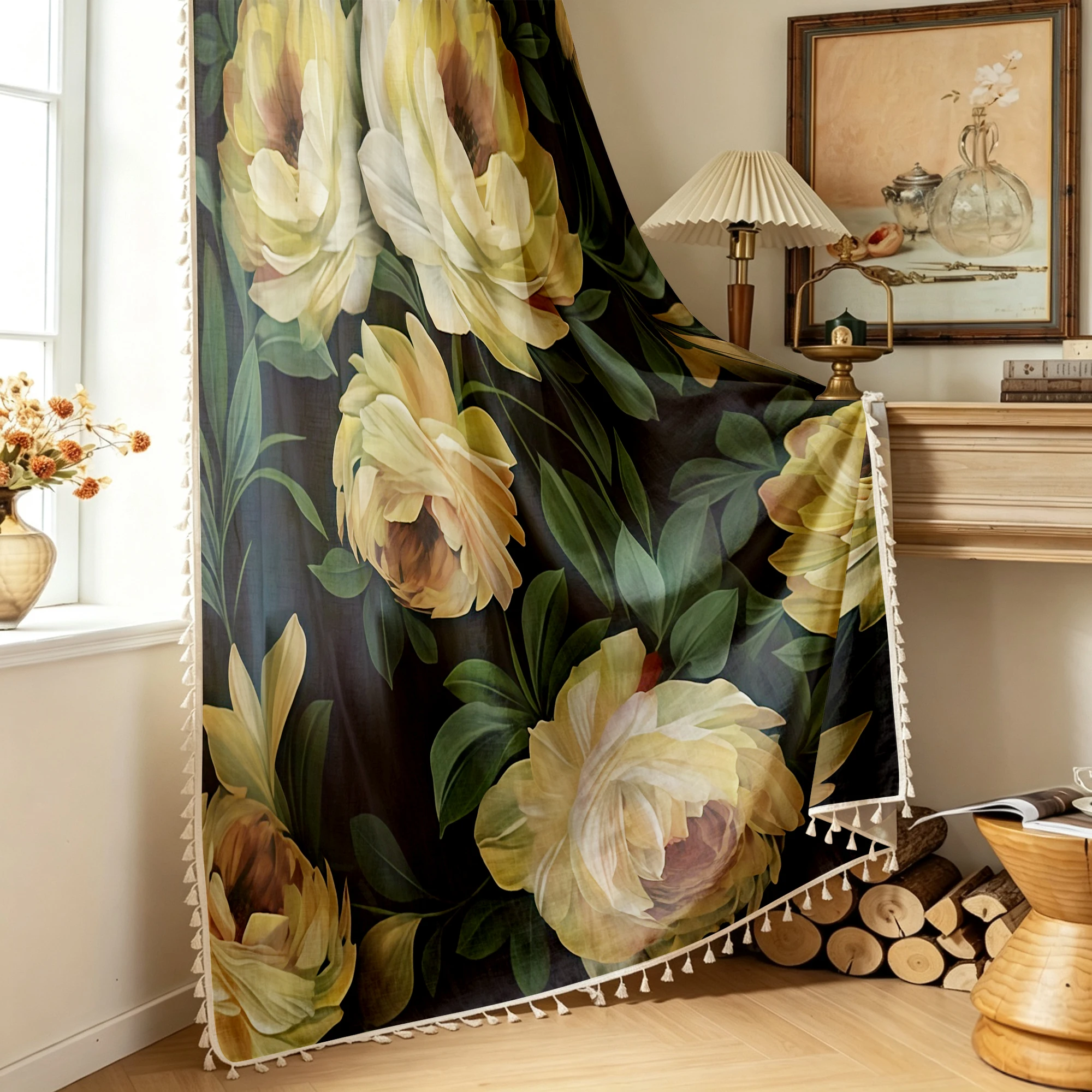 1PC Vintage Tassel Sheer Curtains, Oil Painting Yellow Floral, Digital Print, Linen Polyester, Bedroom Living Room, Home Decor