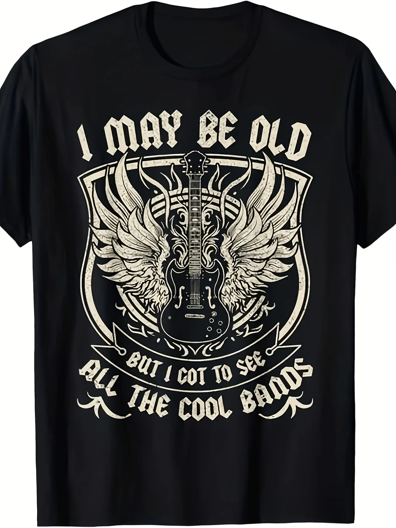 Black Shortsleeved Men'S Plus Size Tee 'I MAY BE OLD BUT I GOT to SEE ALL THE COOL BANDS' Design with Ornate Shield And Electric Guitar Distressed Retro Foretro Casual Short-Sleeved T-Shirt with a Round Neck And Printed Pattern