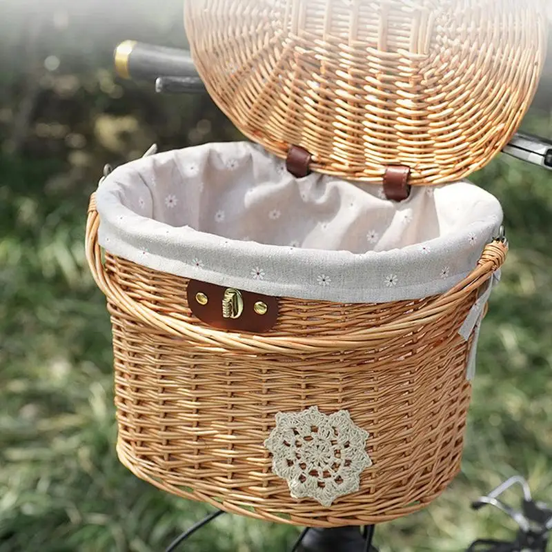 

Bicycle Basket Wicker Woven Bicycle Handlebar Basket Front Basket With Liner Beach Cruiser Basket With Cover And Leather Straps