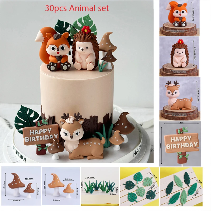 Jungle Animal Cake Topper Kit Plam Leaves Safari Lion Giraffe Elephant Doll Cake Decor Wild One Kids First Birthday Party Decor