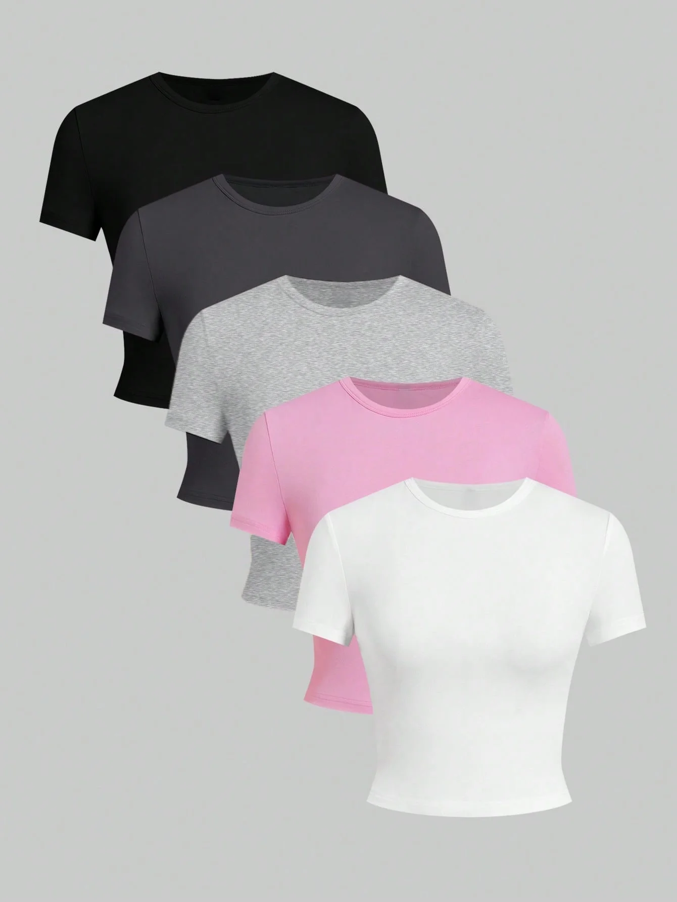 

European and American spring, summer and autumn solid color casual round neck T-shirt 5-piece set