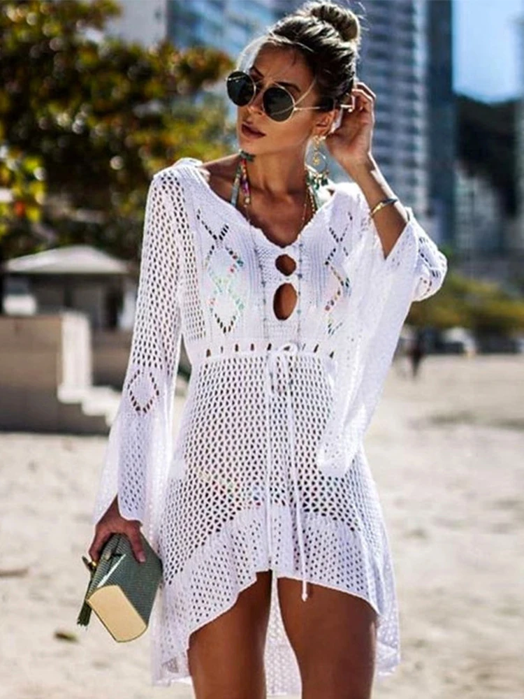 Sexy Cover Up Bikini Women Swimsuit Cover-up Beach Bathing Suit Beach Wear Knitting Swimwear Mesh Beach Dress Tunic Robe