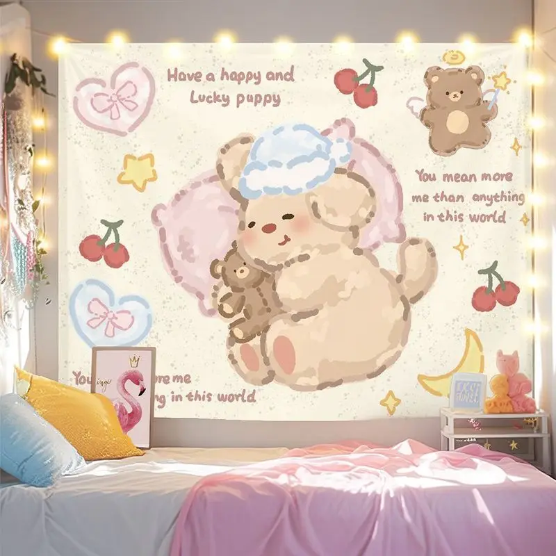 VIKAMA Milk Coffee Bear Puppy Tapestry, Cherry Love Star Happy Cartoon Warm Wall Hanging for Bedroom Living Room Decor