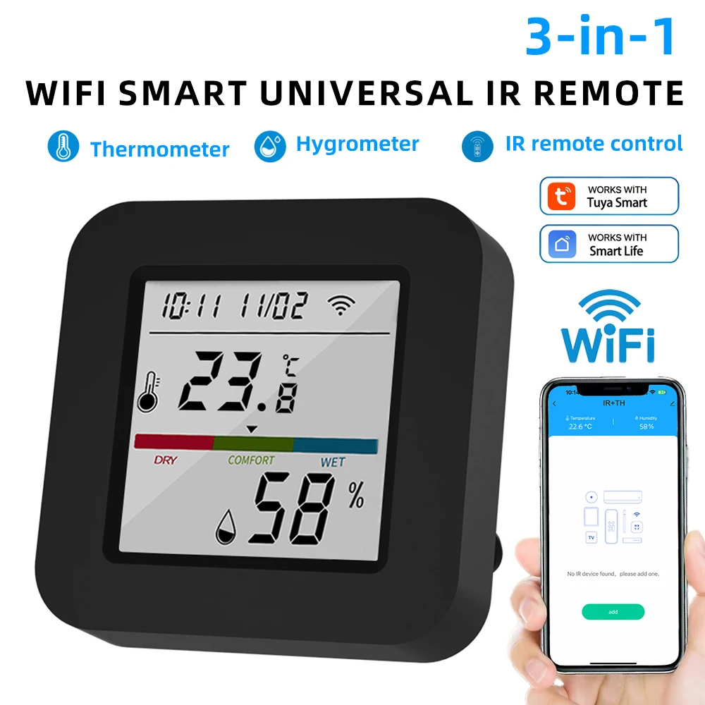 Универсальный ИК-пульт Arumny Tuya Smart WiFi с ЖК-дисплеем, датчиком температуры и влажности, управлением через приложение Smart Life и голосовым управлением, совместим с Alexa и Google Home