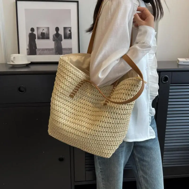 1Pcs Bohemian Summer Fashion Straw Beach Tote Bag Hand-woven Women's Shoulder Handbag Travel Shopper Weaving Shopping Bags