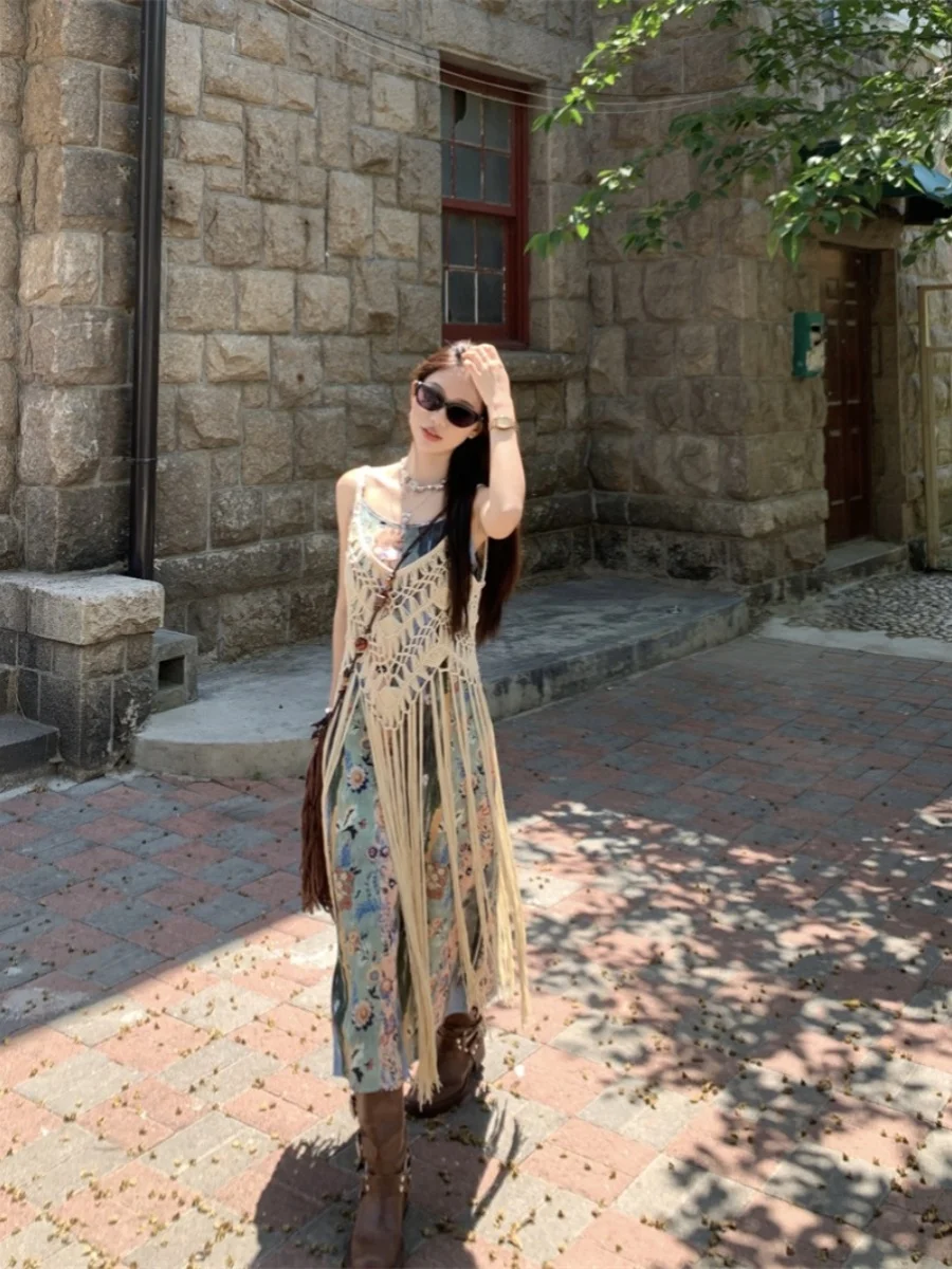 Efeito de emaecimento verão novo estilo tema de férias vestido f moda borla oco tecelagem camadas material de seda s...