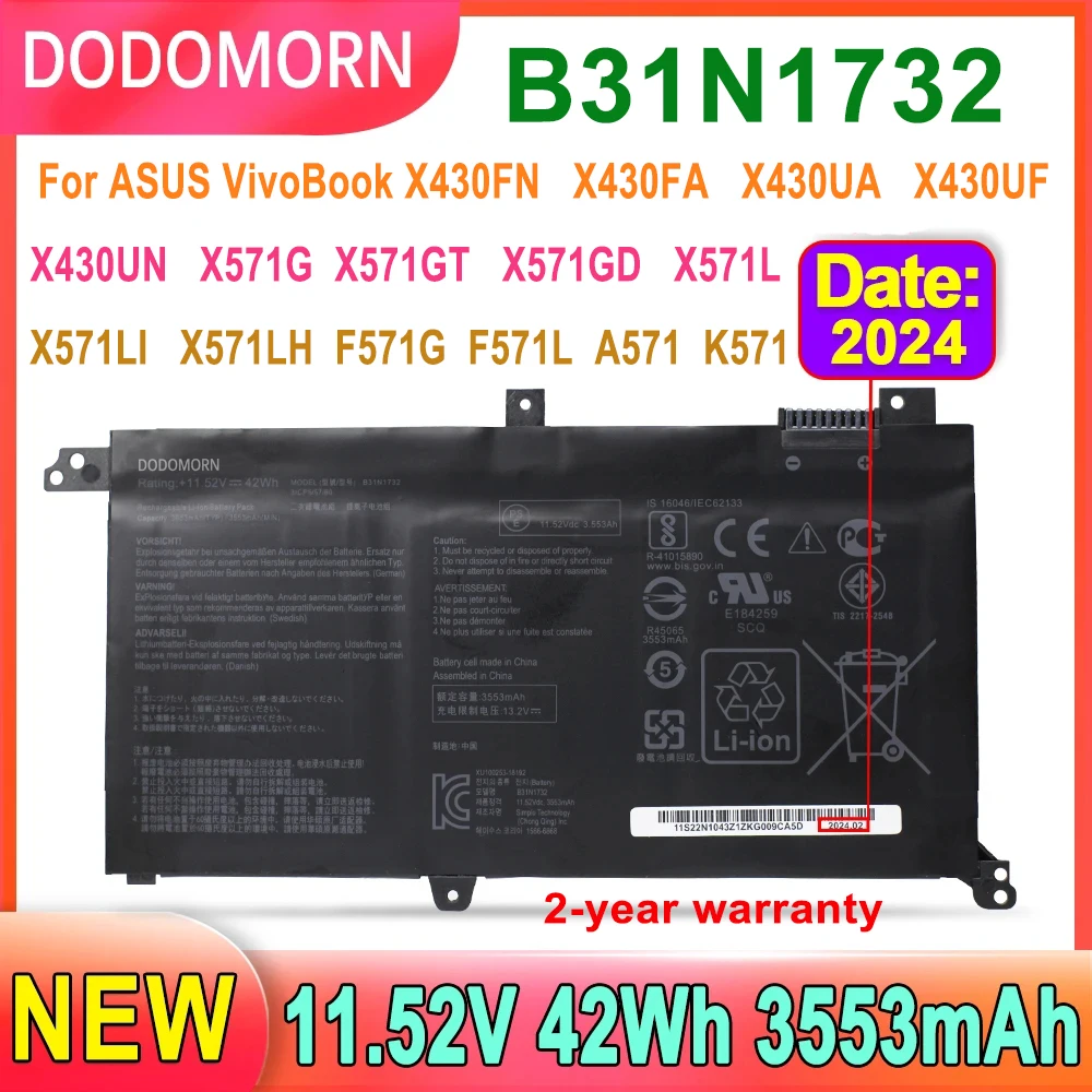 DODOMORN B31N1732 Bateria Do Portátil Para ASUS VivoBook X430FN X571G X571L F571G A571 K571 N571 RX571 S571 S14-S430FA/S430FN/S430UA