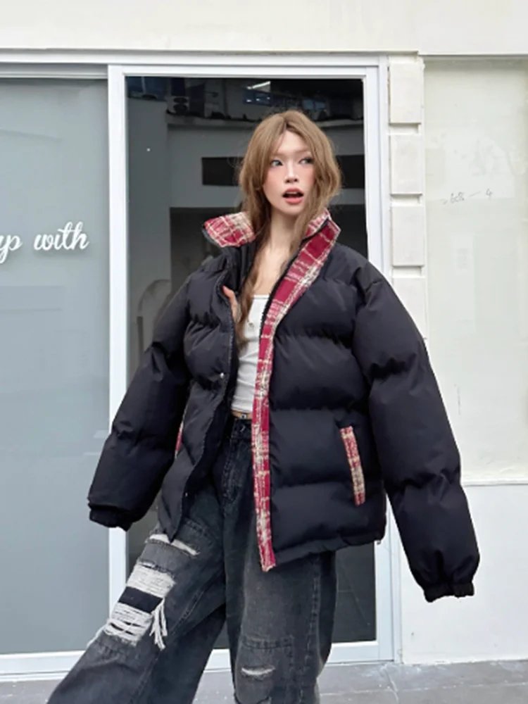 Zoki خمر الشارع الشهير Y2K سترات المرأة الأمريكية منقوشة المرقعة الشتاء منتفخ معطف Harajuku فضفاض الهيب هوب Bf سترة طويلة الأكمام #3