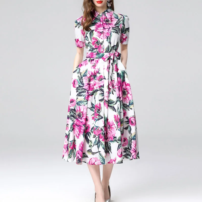 Vestidos para mulheres novo verão manga curta turn down collar vestido feminino impressão rendas vestido feminino vestidos de verano mujer q400