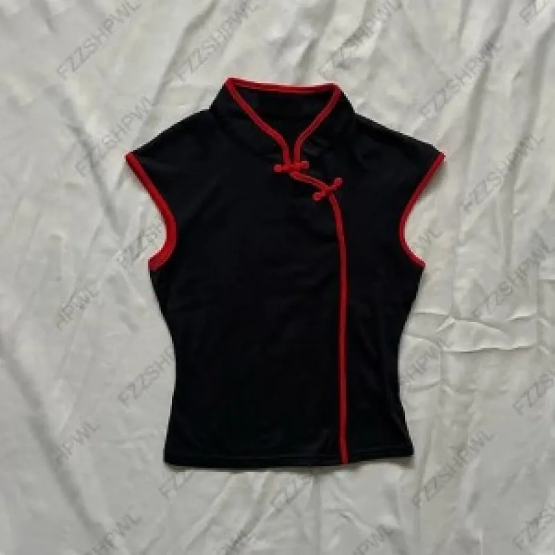 Retro Chinese Stand Collar Sleeveless Vest Frog Button Contrast Piping Slim Top