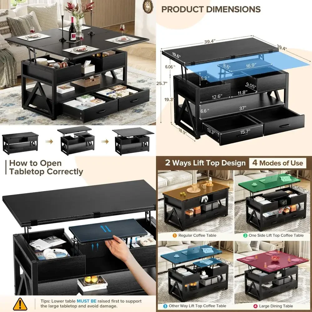 

Multi-Function Farmhouse Style Lift Top Coffee Table with Storage Drawers and Hidden Compartments