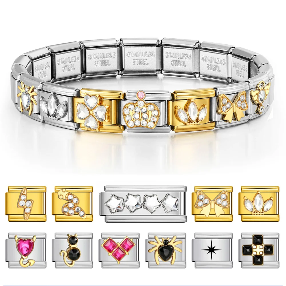 1PC Zirconia Charm Bracelet Trendy Bow Star Cross Animal Heart Lightning Italian Link Fit 9mm Stainless Steel Jewelry DIY Making