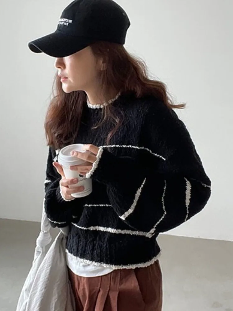 Chic automne hiver paresseux Sle rond Ne couleur Blo rayé Design ample décontracté Long Sve sur la tête pull pour les femmes