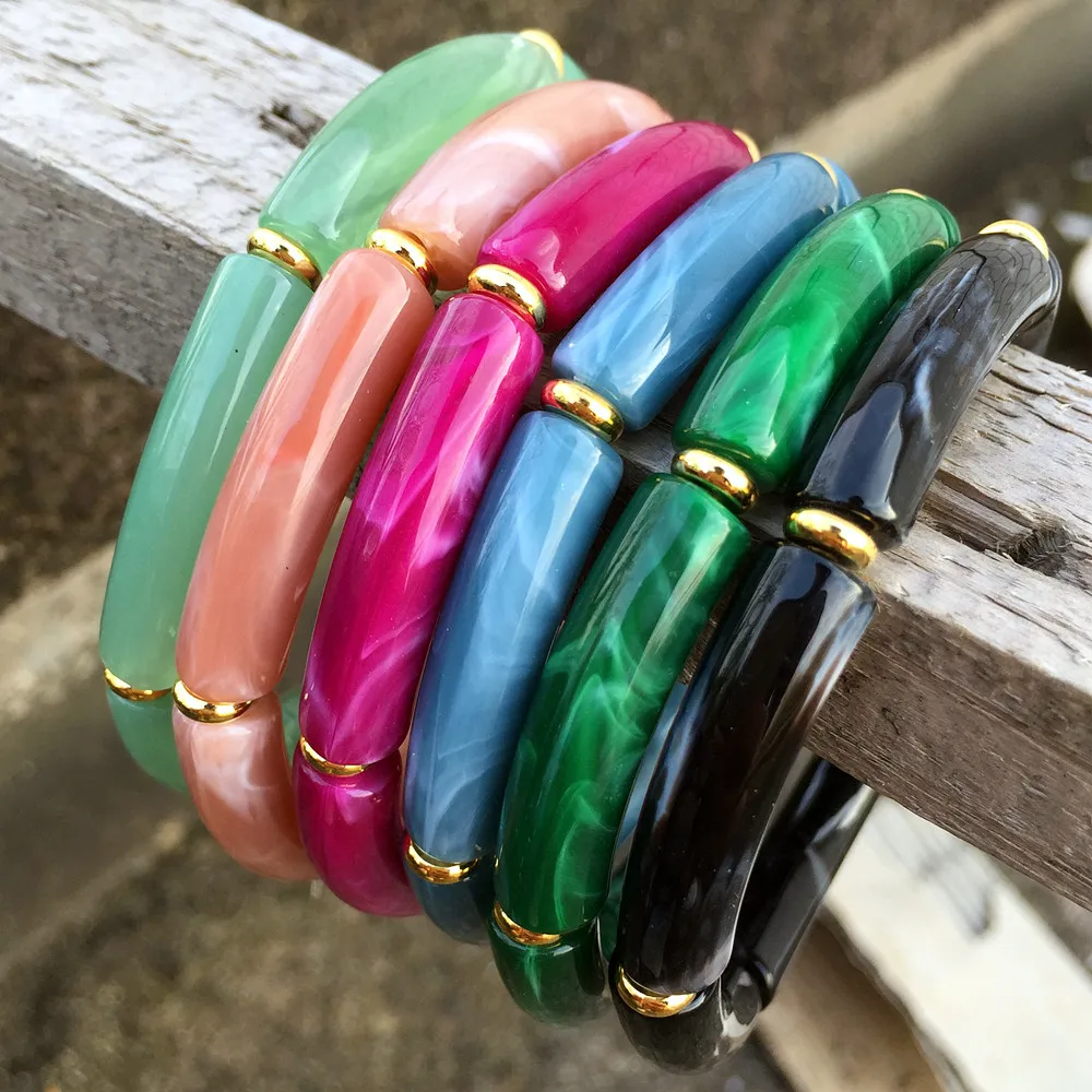 2024 Trendy Colorful Acrylic Bamboo Beads Bracelet for Women Stretch Resin Tube Beaded Cuff Bracelets Bangle Men Fashion Jewelry