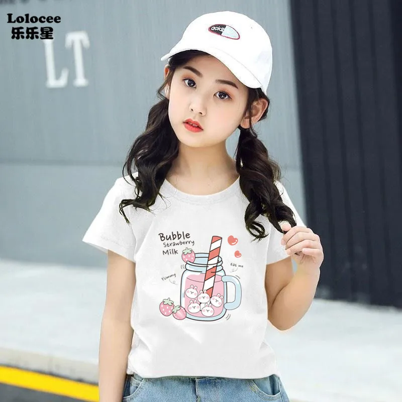 Strawberry Juice Graphic Print T-shirt Girls Aesthetic Pink Tops Tee 2023 Summer New Fashion Kids T Shirt