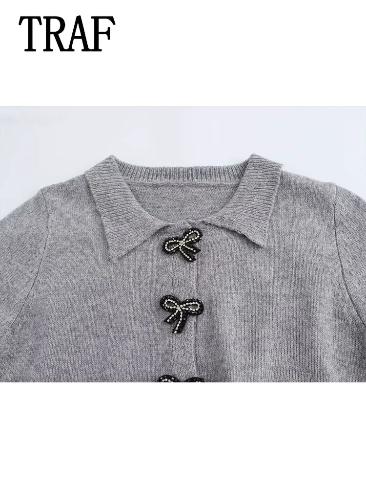 TRAF Women Bow Button Decoration Knitted Cardigan New Autumn Elegant Lady Style Knitted Woman Cardigan Long Sleeve Top