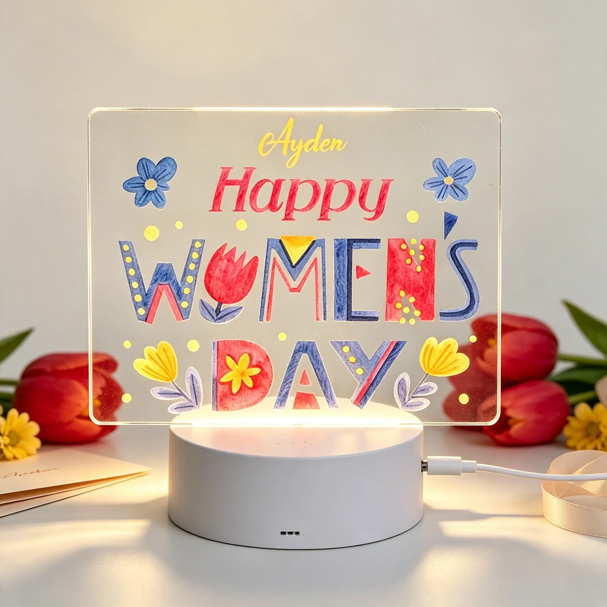 Custom Name Colorful Tulip Women's Day Acrylic Night Lamp USB Powered Decor,Holiday Gift Happy Women's Day Letter Floral Acrylic Nightlight Custom Name