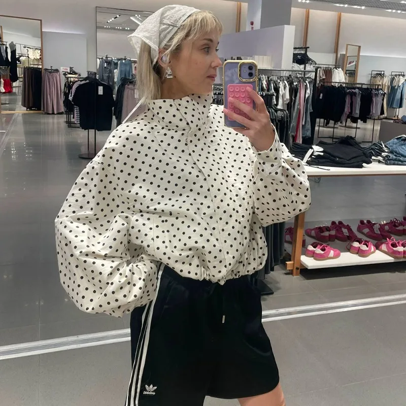 Talenza Elegant Polka Dot Jacket Women Autumn Standing Collar Drawstring Contrast Casual Coats Streetwear Female Chic Outwear