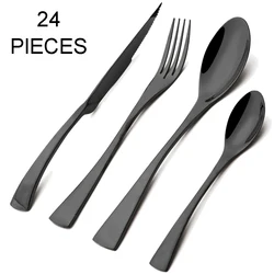 24Pcs Shiny Black Cutlery Set Stainless Steel Dinnerware Sharp Steak Knife Forks Coffee Spoons Tableware Kitchen Silverware Set