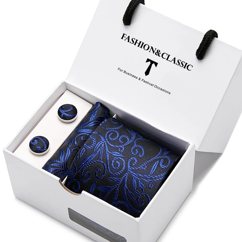 Hochwertiges 7,5 cm schwarzes, solides Herren-Krawatten-Taschentuch-Manschettenknöpfe-Set für Männer, Hochzeitskrawatten, Gravatas in Geschenkbox – Detail 22