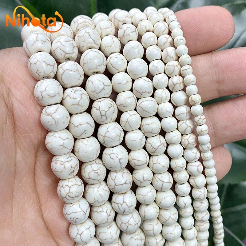 4/6/8/10/12mm Smooth White Stripe Turquoises Round Loose Beads DIY Bracelet Necklace Pendant for Jewelry Making 15'' Strand