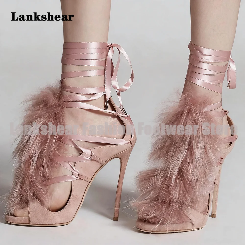 Sandal Hak Tinggi Stiletto Bulu Suede Merah Muda Tali Silang Pita Sepatu Wanita Musim Panas Elegan Sepatu Pesta Sandalias De Mujer Verano