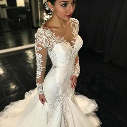Long Sleeve Mermaid Wedding Dresses Sheer V Neck Lace Appliques Illusion Back Bridal Gown Sweep Train Tulle Vestido De Novia