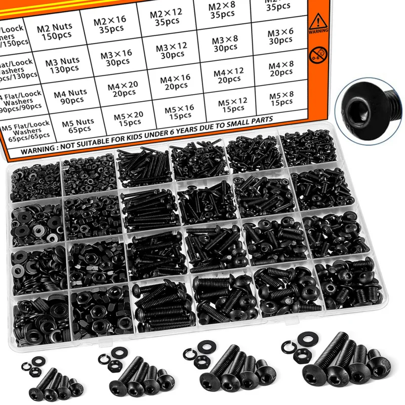 1705Pcs M2-M5 Machine Screw Assortment Kit, Hex Button Head Bolts Nuts Set with Lock Flat Washers, 10.9 Alloy Steel Fasteners image 5