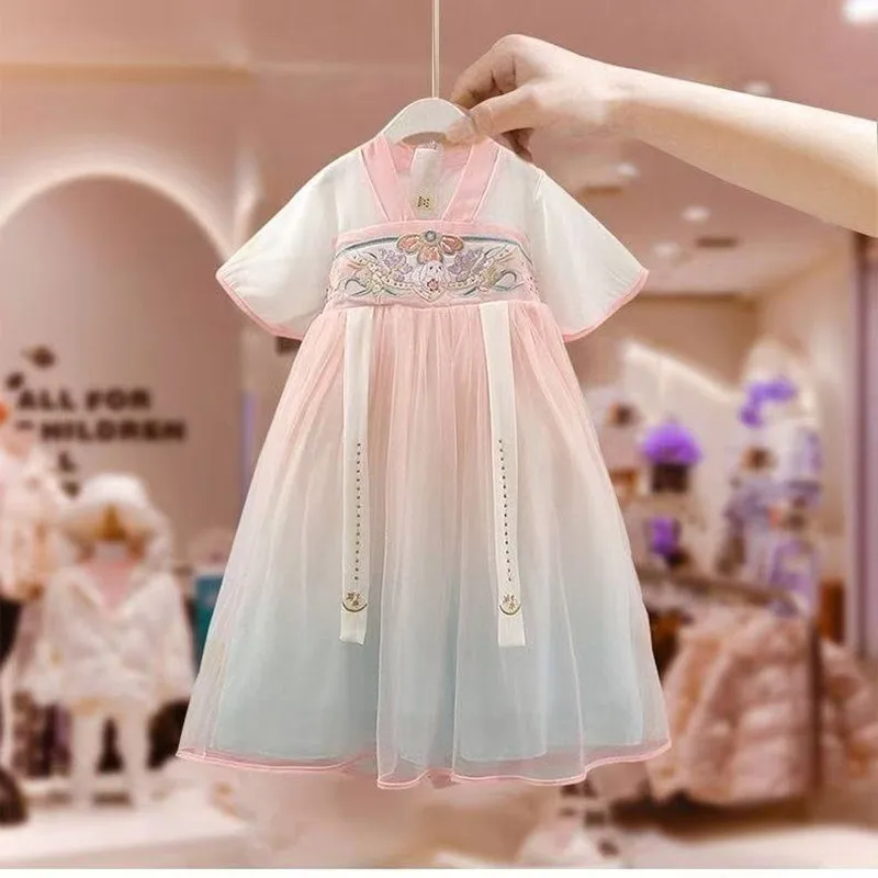 

Summer Hanfu Girls' Thin Dress New Costume Sweet Short Sleeve Children's Ancient Style Princess Dress Kids Clothing 100-150CM