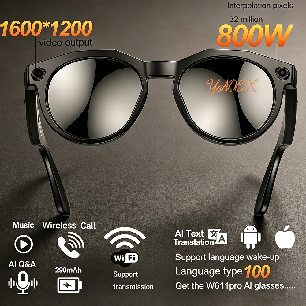 

800W Pixel Video Record Smart Glasses Bluetooth Call Object Recognition 100+ Language Translation New AI Photo Eyeglasses