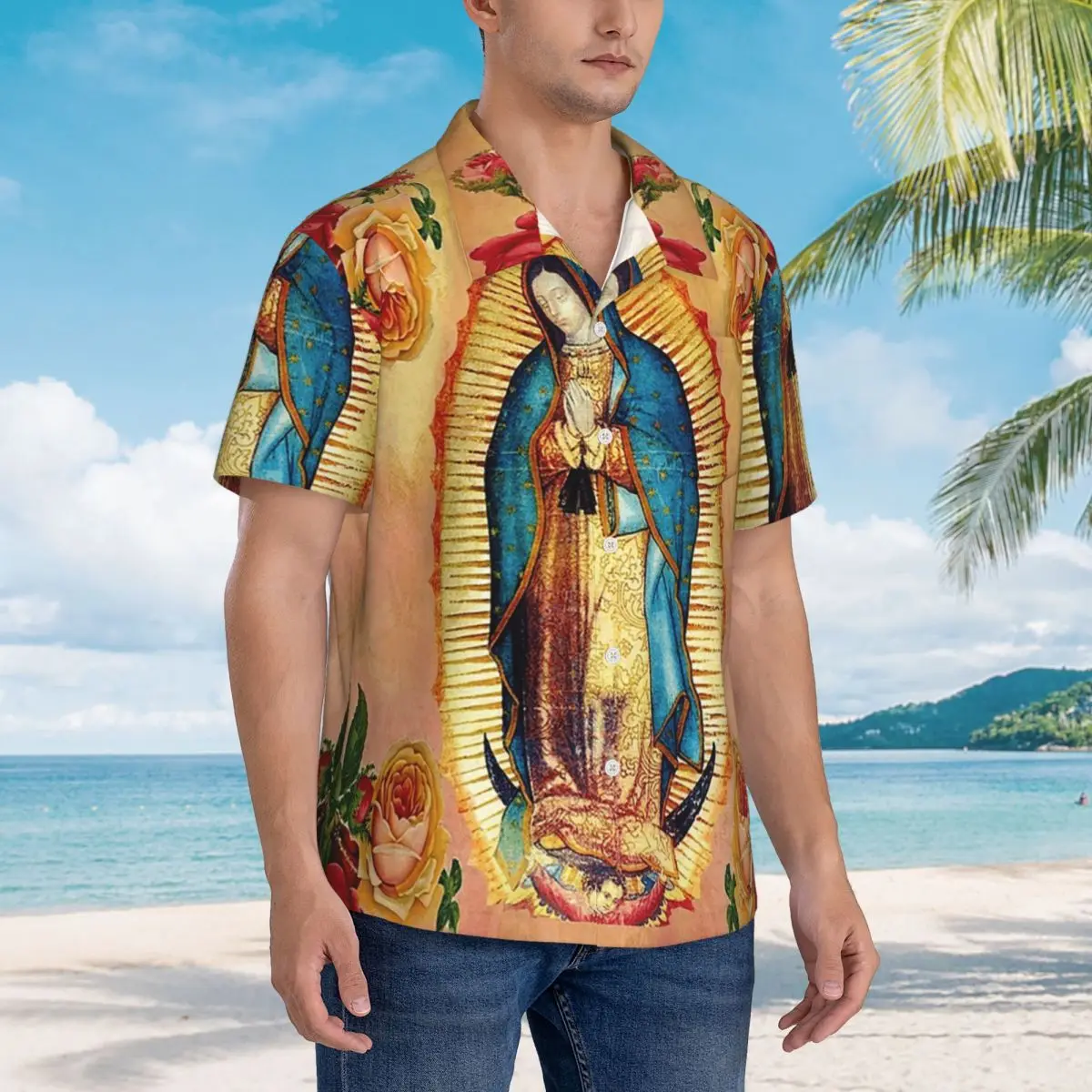 Our Lady Of Guadalupe Virgin Mary And Roses Hawaiian Shirts Casual Men Short Sleeve Shirt for Summer Beach Men's Lapel Tops