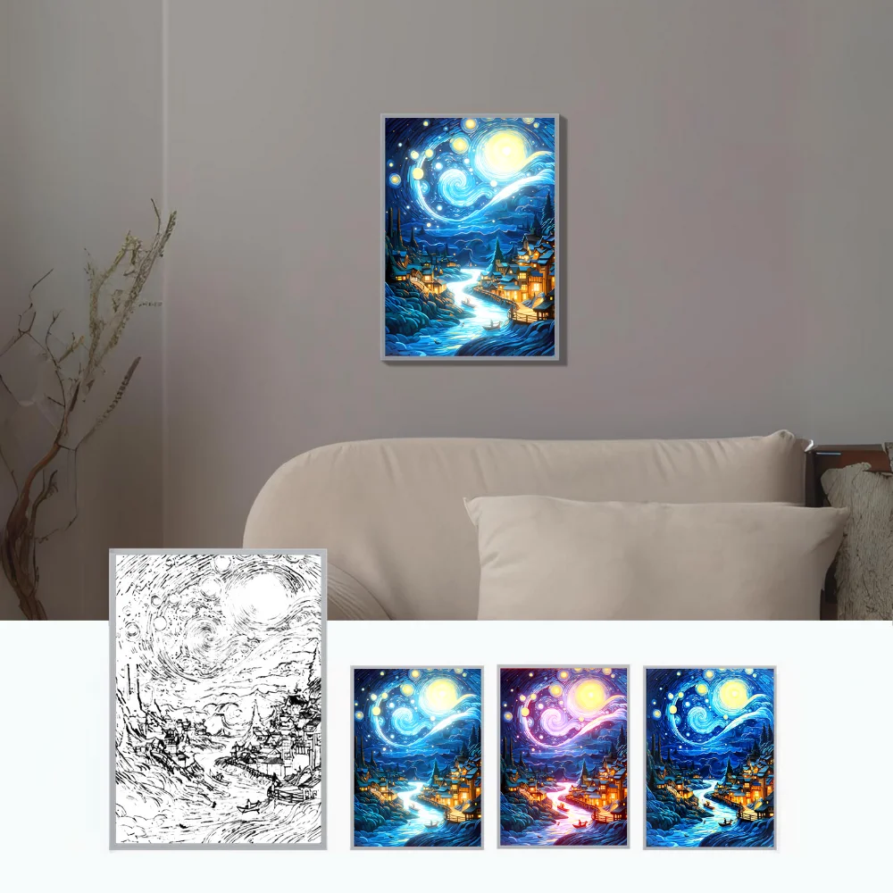 Van Gogh's creative starry sky luminous oil painting, USB plug living room bedroom entrance decoration, unique mood light gift