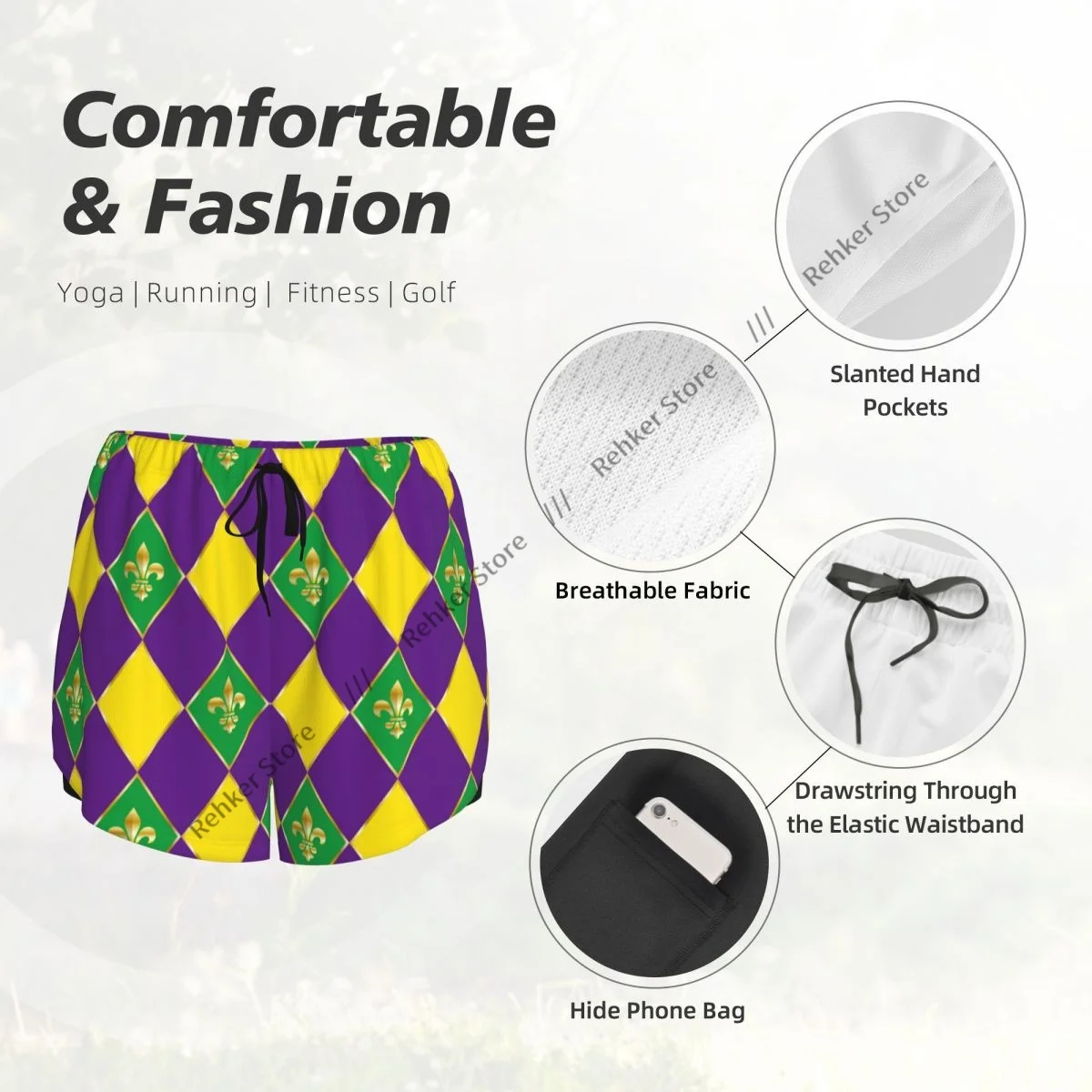 Women Yoga Shorts Masquerade Mardi Gras Checkered Workout Shorts Fitness quick-dry Ladies Yoga Gym Short Pants Sportswear