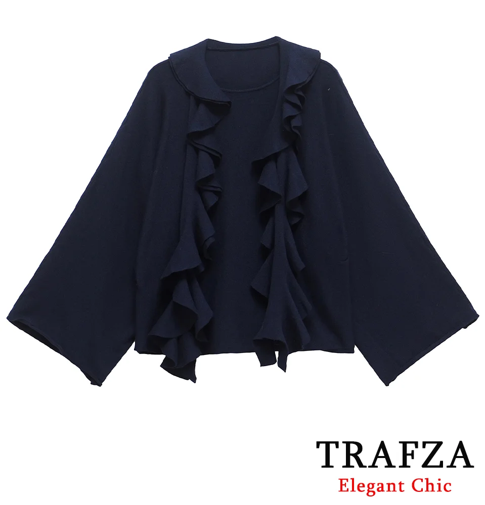 

TRAFZA-Women Elegant Knit Sweater Layered Embellished Knitted Pullover New 2025 Fashion Spring Fall Romantic Navy Blue Sweater