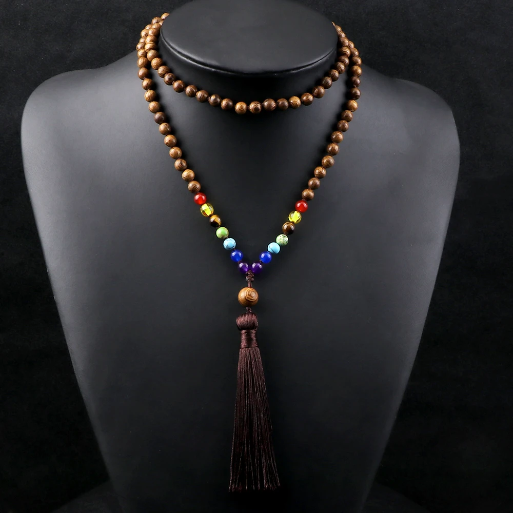 7 Chakra Original Wooden Beads Necklaces Vintage Tree of Life Tassel Japamala Yoga Meditation Necklace Buddhist Prayer Jewelry