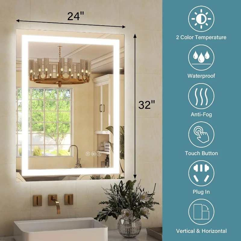 LED Lighted Bathroom Mirror Dimmable Wall Mirrors with Anti-Fog LED Bathroom Mirror 2 Dimmable Light Colors LED Mirror