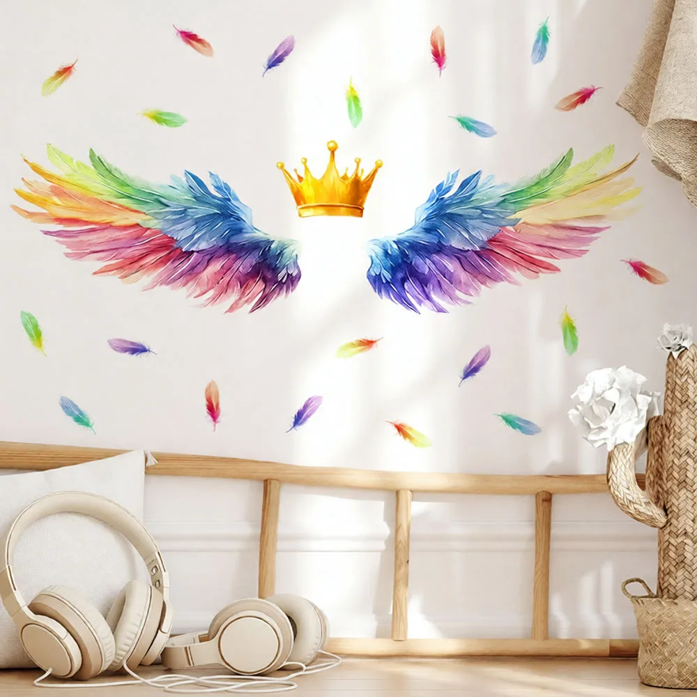 Whimsical Princess Wall Decals, Magical Rainbow Wings with Crown and Colorful Feathers Peel and Stick Stickers