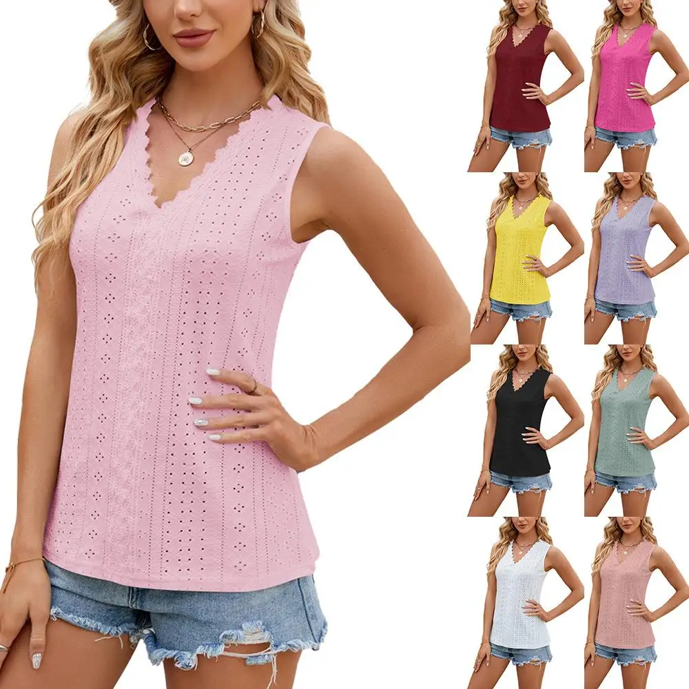 

Lace Patchwork Sleeveless T-Shirt Women's Loose Fit Polyester Spring 2023 Style Other Collar Type Overhead Color Block