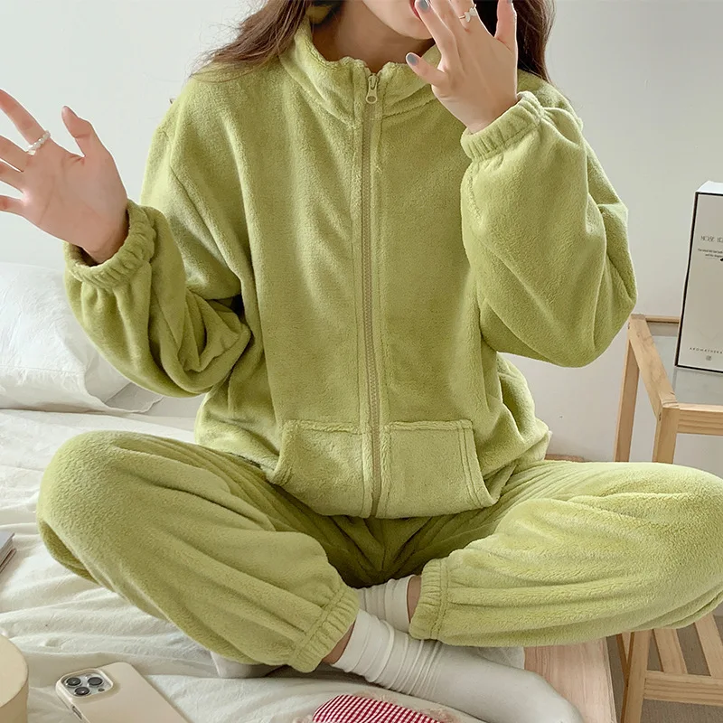 Plus-velvet Pajama Sets Women Warm Winter Loose Leisure Gentle Soft Pulpy Girls Simple All-match Basic Thicken Sleepwear 2023