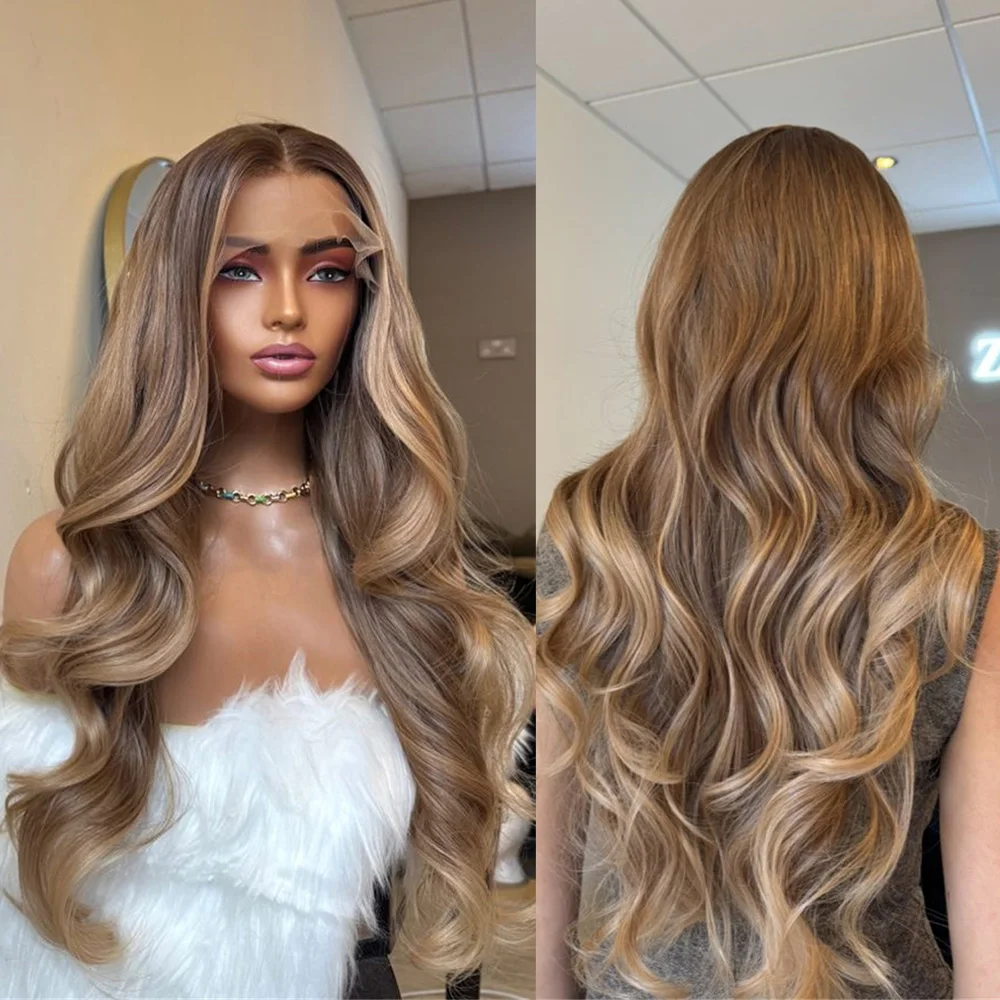

Balayage Synthetic Lace Front Wig for Women Heat Resistant Fiber Glueless Long Wavy Mike Tea Blonde Wigs for Daily Party Use