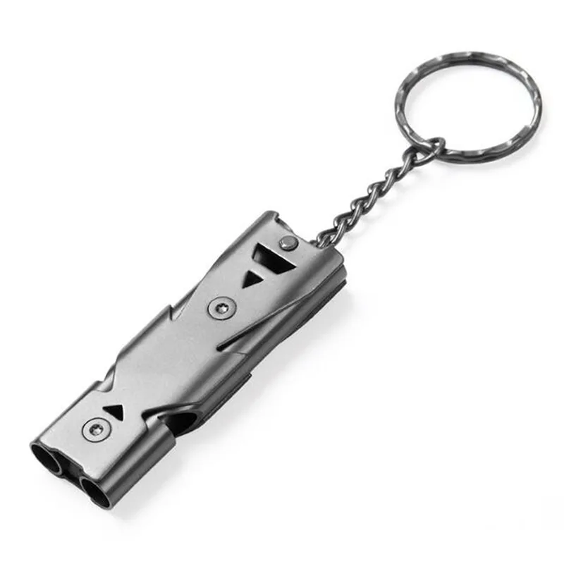 Outdoors High Decibel Portable Keychain Whistle Stainless Steel Double Pipe Emergency Survival Whistle Multifunction Tools