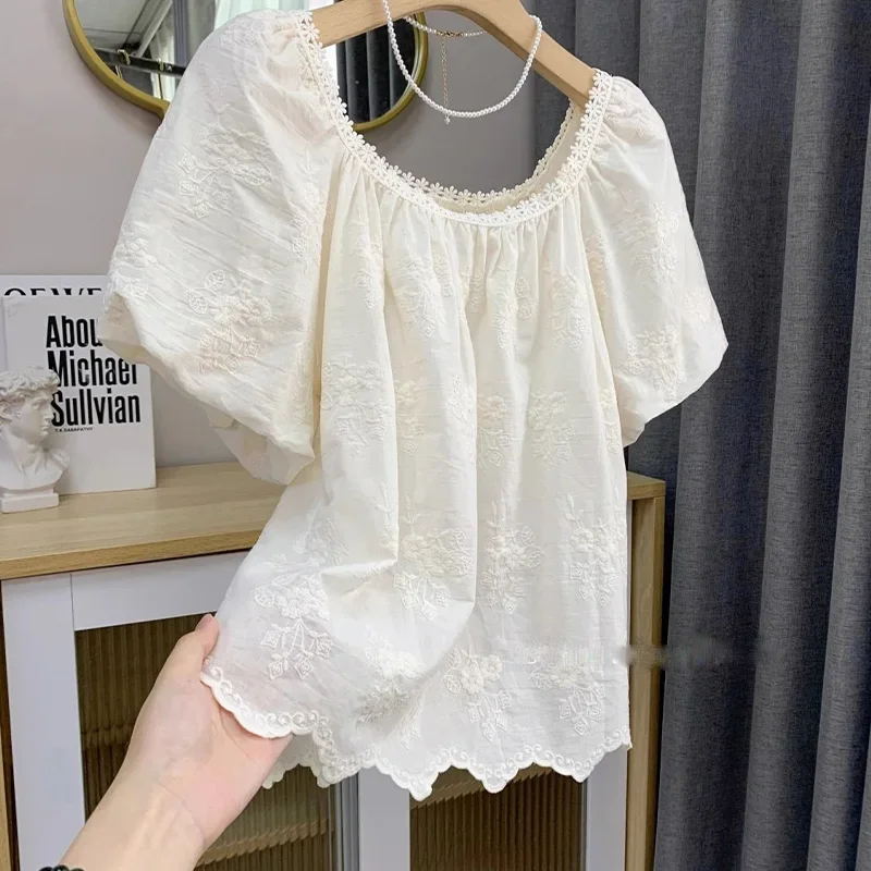 

Sweet Loose Jacquard Short Sleeves Shirt for Women Summer New Comfort Age Reducing Bubble Sleeves Tops Fashion Women Clothing